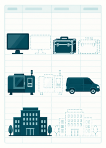 Fixed asset register with solid assets and dotted outline ghost assets arranged across multiple rows