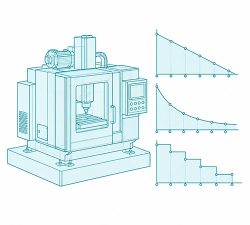 Industrial machine beside diagrams representing straight-line, reducing-balance and usage-based depreciation