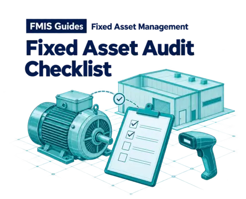 Fixed asset audit checklist guide cover showing a checklist, motor, building and barcode scanner.