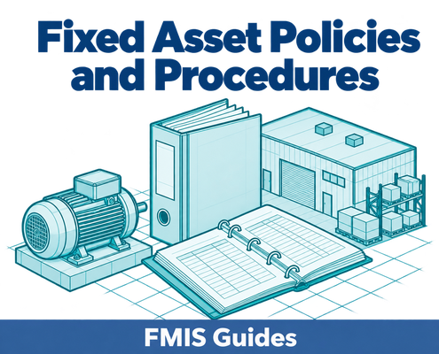 Fixed asset management policy and procedures guide cover showing policy documents, an asset register, equipment and a building.